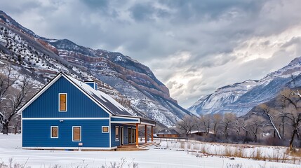 Wall Mural - panoramic view of a home clad in vinyl siding in a rich cobalt blue, standing out against a snowy mountain backdrop