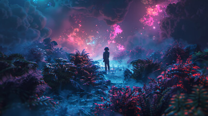 Wall Mural - A lone explorer stands on an alien world, surrounded by vibrant and strange vegetation under atmospheric alien skies. 