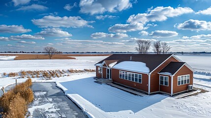 Wall Mural - panoramic view of a home clad in vinyl siding in a deep mahogany brown, standing out against a snowy field and frozen lake