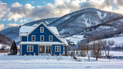 Wall Mural - panoramic view of a home clad in vinyl siding in a rich cobalt blue, standing out against a snowy mountain backdrop