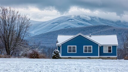 Wall Mural - panoramic view of a home clad in vinyl siding in a rich cobalt blue, standing out against a snowy mountain backdrop