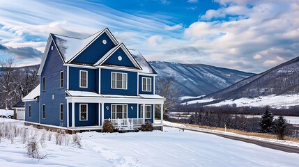 Wall Mural - panoramic view of a home clad in vinyl siding in a rich cobalt blue, standing out against a snowy mountain backdrop