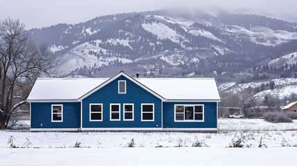 Wall Mural - panoramic view of a home clad in vinyl siding in a rich cobalt blue, standing out against a snowy mountain backdrop