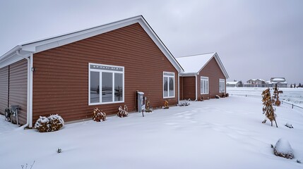 Wall Mural - panoramic view of a home clad in luxurious cinnamon brown vinyl siding, perfectly complementing the snowy surroundings and cold gray skies