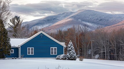Wall Mural - panoramic view of a home clad in vinyl siding in a rich cobalt blue, standing out against a snowy mountain backdrop