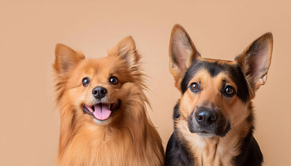 Two Dogs Looking At The Camera In Front Of A Beige Background