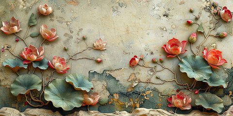 Wall Mural - panel wall art, wall decoration, marble background with flowers designs