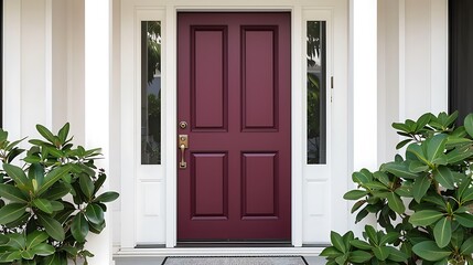 Wall Mural - rich burgundy door with a matte finish, set within a minimalist, white entryway and complemented by a simple, elegant doormat