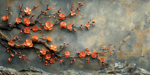 Wall Mural - panel wall art, wall decoration, marble background with flowers designs