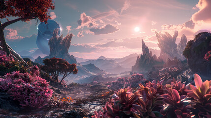 An explorer navigates through an alien planet's exotic terrain, encountering strange flora under an otherworldly sky. 