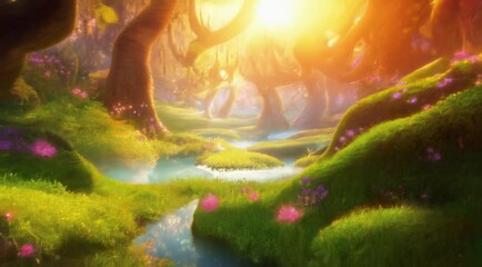 Wall Mural - a beautiful fairytale enchanted forest with big trees and great vegetation. digital painting backgro