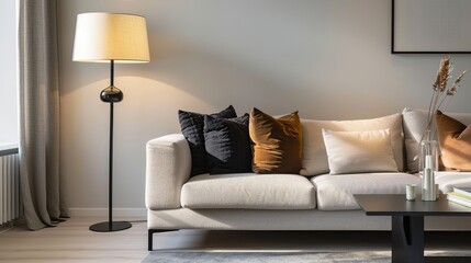 Wall Mural - Cozy Living Room with a Modern Sofa and Floor Lamp