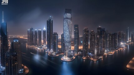 Wall Mural - 1. Create a stunning aerial view of the Dubai Marina skyline at night, with its iconic twisting Cayan Tower and shimmering lights reflecting on the waters of the Persian Gulf, showcasing Dubai's