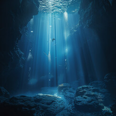 Wall Mural - Deep ocean view with shafts of light breaking through the surface, illuminating a hidden underwater cave system and two divers diving inside. 