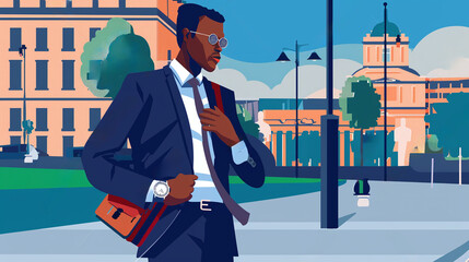 flat vector illustration of hurried black businessman on the street walking to work