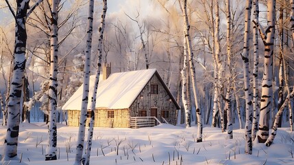 Wall Mural - enchanting winter scene of a small lodge with vinyl siding that perfectly mimics natural birch bark, nestled in a snowy forest clearing