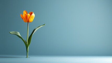 Wall Mural - A single orange flower is standing in a hole in a blue background