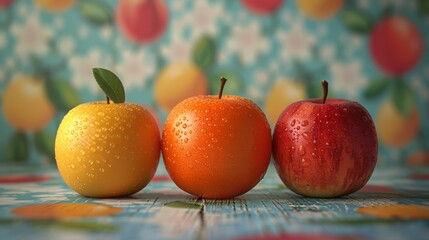 Wall Mural - Three apples are sitting on a wooden table, with one of them being red