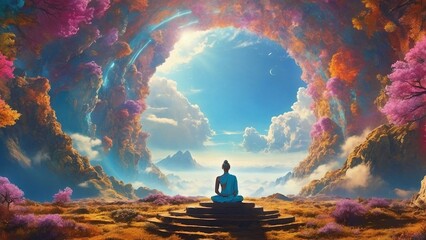 Poster - Meditation surrounded by heaven dreamy landscape, fantasy background