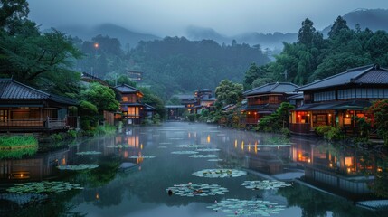 Wall Mural - Tranquil Japanese Village at Dusk