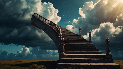 Poster - Amazing view with stairs to realm of Gods, fantasy scene with bright shining golden light and beautiful cloudscape