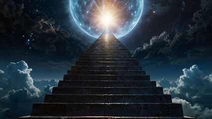 Poster - Amazing view with stairs to another world, fantasy scene with shining sphere of light