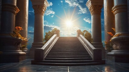 Wall Mural - Amazing view with temple and stairs to heaven, fantasy scene with bright sun and clouds