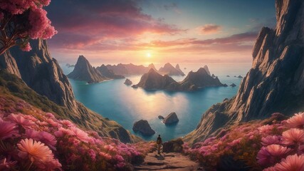 One person walking surrounded by beautiful surrealistic landscape with mountains, big pink flowers and blue water