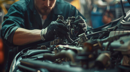 Poster - A man is working on a car engine