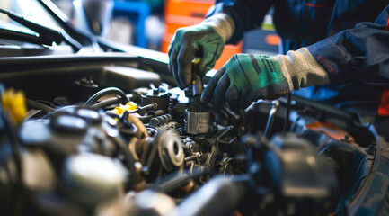 Sticker - A mechanic is working on a car engine