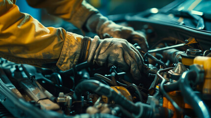 Poster - A mechanic is working on a car engine