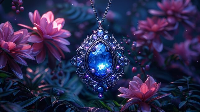 Magical amulet illustration with sparkling gems, great for fantasy and magical themes, featuring an enchanting amulet with intricate designs and sparkling gemstones. Illustration, Minimalism,