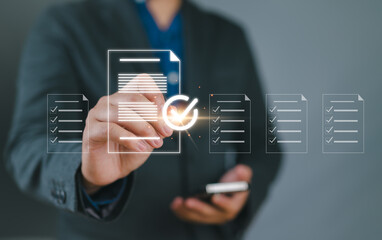 Poster - Businessman tick correct sign mark for document approve , project acceptance and quality assurance concept, Take an assessment, questionnaire, evaluation, online survey online exam.