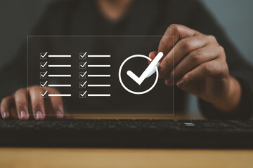 Poster - projects digital guarantee, business quality checking, and standardization certification. Hand point on check correct icon for compliance with regulations, services, and standards.