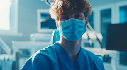 Poster - A man in a blue scrubs is wearing a blue mask, professional doctor