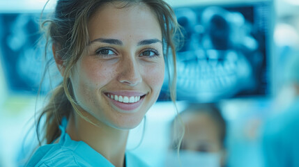 Canvas Print - A woman with a smile on her face is standing in front of a medical X-ray