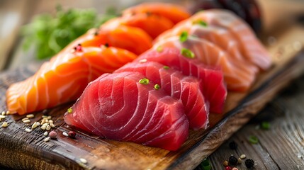 Wall Mural - Close up dish of salmon sashimi with vegetable and fresh wasabi in chefs hands, raw fish in traditional Japanese style.