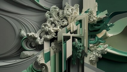 Wall Mural - Abstract background, combines baroque and cubism styles, gray and blue colors