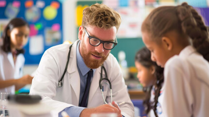 Wall Mural - A man in a white lab coat is writing on piece of paper in front of a group of children