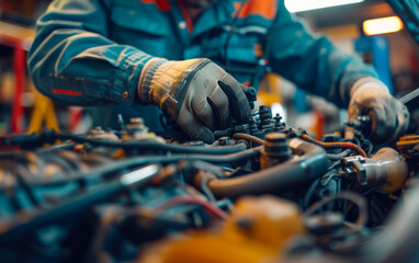 Canvas Print - A mechanic is working on a car engine