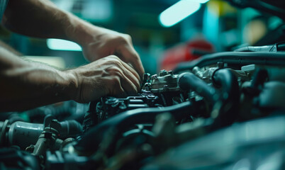 Sticker - A mechanic is working on a car engine