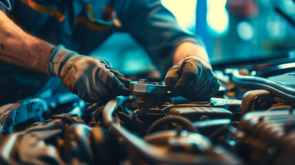 Canvas Print - A mechanic is working on a car engine