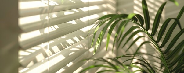 Wall Mural - Sunlight streaming through blinds illuminating a green plant leaf