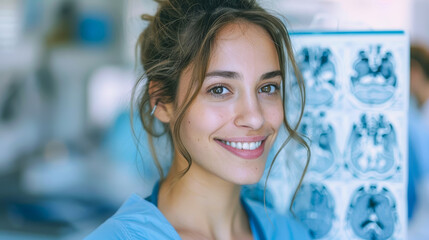 Wall Mural - A woman with a smile on her face is standing in front of a medical image