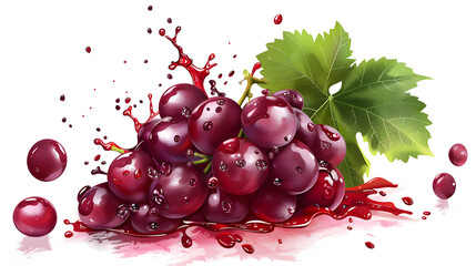 Wall Mural - Red grape cluster with green leaves isolated on white background. red grapes juice splash. vector illustration.
