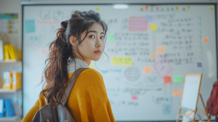 A young woman wearing a yellow sweater, back to school concept