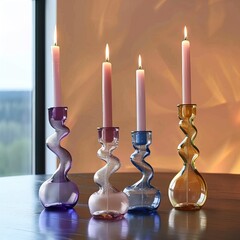 Wall Mural - Colorful glass candle holders, modern home interior details. Designer candlesticks, trendy craft decorative ideas