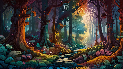 illustration of an abstract depiction of a magical fantasy wonderland forest