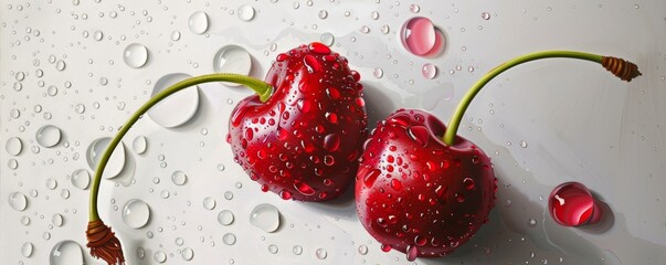 Wall Mural - Fresh cherries with water droplets on white background