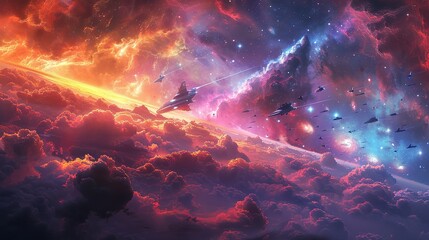 A dramatic galactic scene with spaceships, colorful nebulas, and distant stars, capturing the awe-inspiring beauty and mystery of the universe. Illustration, Minimalism,